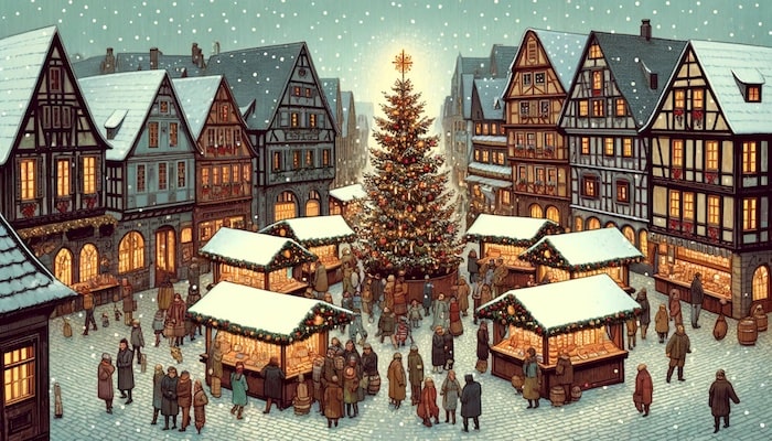 Illustration av en julmarknad i Tyskland.